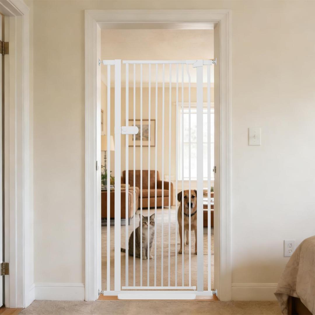 Lumizone Extra Tall Cat Gate 61.02" High Pressure Mounted 29.92"-34.24" Extra Wide 1.37" Gap No Drilling Auto-Close One-Handed Operation Tall Pet Gate for Dogs(White, 61.02" H x 29.92"-34.24" W)