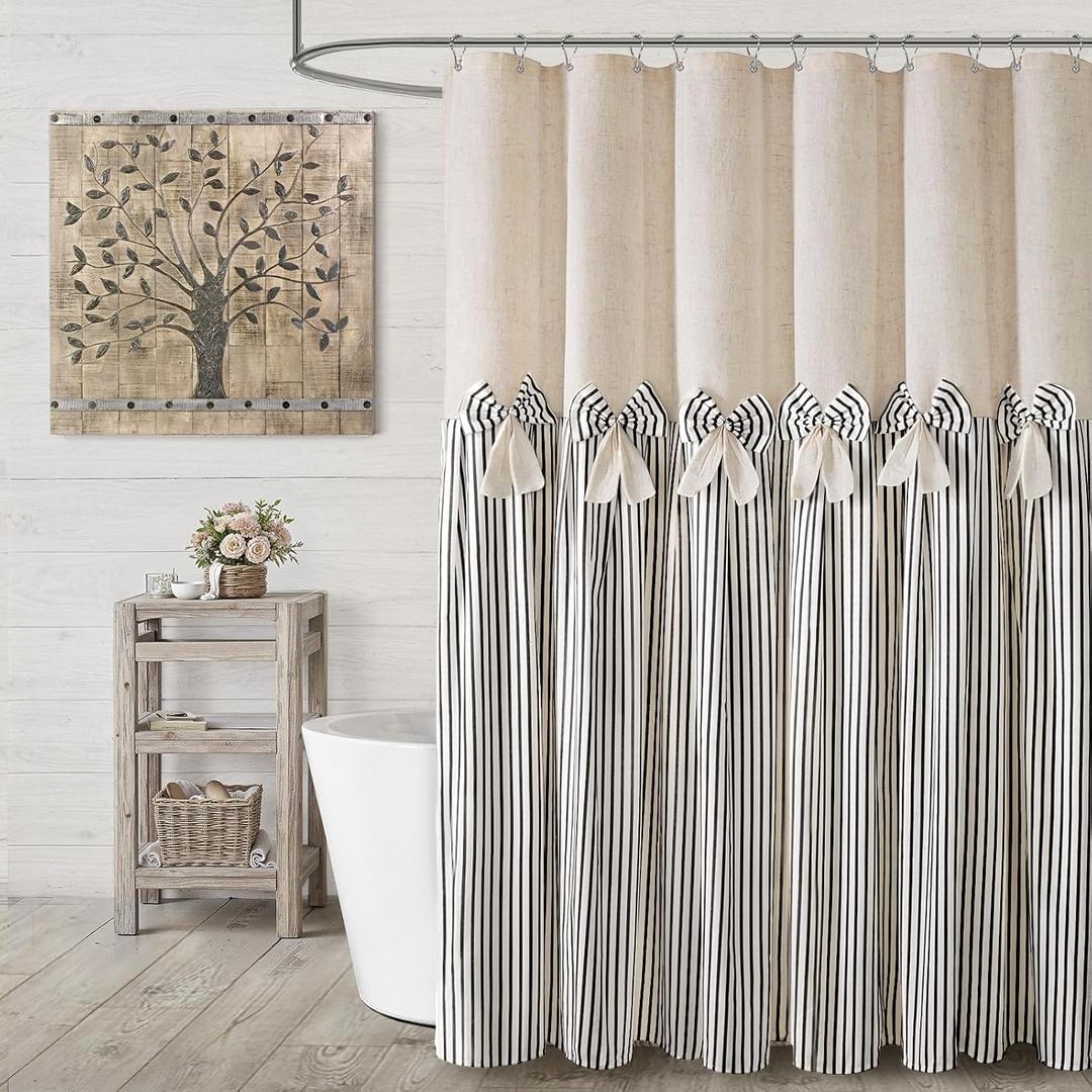 Farmhouse Shower Curtain Linen Bow Pleated Black Stripe 72"W x 72"L | Farmhouse Style, Chic Bow, Striped, Linen Fabric, Rustic, Country, Natural Look, Washable, for Bathroom Bathtub