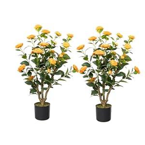 Howngyesimu Artificial Camellia Tree, 3FT Faux Camellia Plant in Pot with Orange Flowers for Spring Home Front Door Outdoor Indoor Decoration
