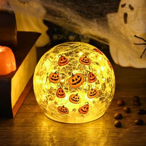 Yinhua Halloween Decorations Indoor 4" Pumpkin Decor Outdoor Halloween Globe Light with Timer Crackle Glass Ball Led Globe Warm Light for Table Centerpieces Lighted Decorative Ball Gift (4"(1 PCS))