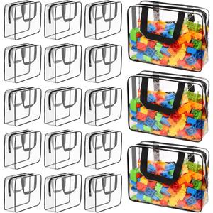 18 Packs Large Toy Storage Bags with Labels, Waterproof Clear Pvc Storage Bags for Toys, Travel Organizer Bags with Zipper Closure for Puzzles, Building Blocks, Kids' Books (BLACK)