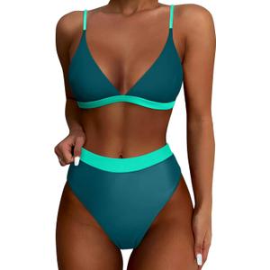 High Waisted Bikini Set for Women Two Piece Tummy Control Bathing Suit V Neck Triangle Swimsuit Color Block (Medium)