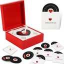 Romantic Wooden Love Note Record Player Box with 14 Vinyl-Style Message Cards & Spotify QR Codes Gift for Him Her, Anniversary Music Keepsake, Personalized Love Song Gift Box