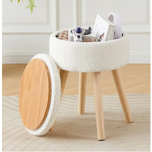 Mxfurhawa Storage Ottoman Foot Stool Teddy Velvet Round Vanity Stool Tray Top Footstool with Wood Legs Upholstered Foot Rest Ottoman for Living Room, Bathroom, Makeup (White)