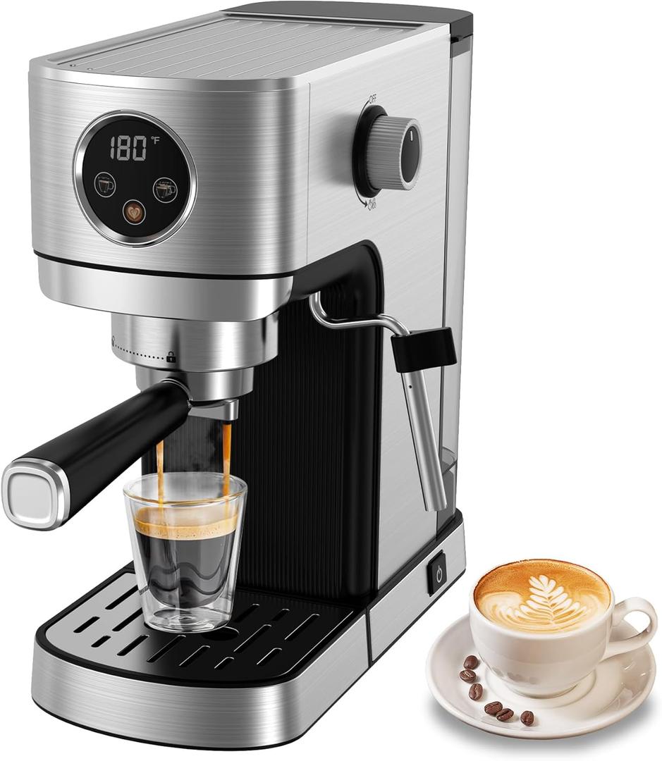 VEGETA Espresso Machine 20 Bar, Small Coffee Maker with 40oz Removable Water Tank, Stainless Steel Espresso Machine with Steam Milk Frother, Latte & Cappuccino Machine for Home, Silver