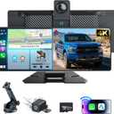 10.26" Portable Carplay Screen for Car, 4K HD Car Stereo Touch Screen with Apple CarPlay and Android Auto, 4K Dash Cam, 1080P Backup Camera, Mirror Link, Voice Control, Bluetooth, GPS, AUX/FM