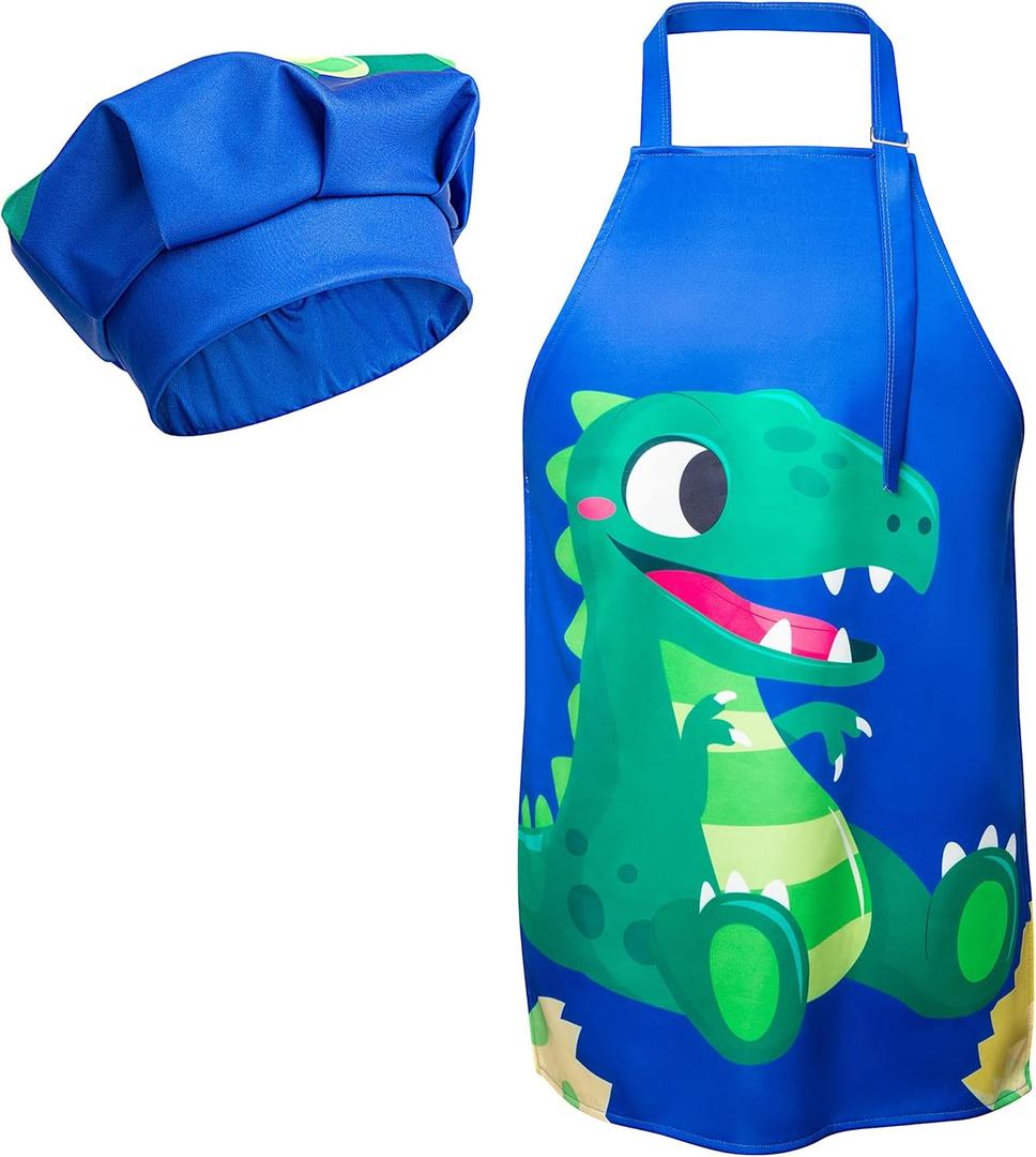R HORSE 2 Pcs Kids Aprons Chef Hat Sets Adjustable Blue Cute Dinosaur Kitchen Aprons Cooking Baking Painting and Training Kits Dress up Role Play Chef Toy Kid Funny Cooking Gift New Year(3-5 Years)