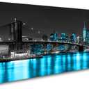 Aibonnly Wall Art Canvas Painting Black White and Blue New York Brooklyn Bridge 1 Piece Cityscape Night Building Picture Poster Print Framed for Living Room Bedroom Kitchen Office Home Decor, 48"L x 24"W