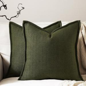 DEZENE 18x18 Linen Pillow Covers Olive Green Pack of 2 Farmhouse Boho Neutral Accents Striped Textured Square Decorative Throw Pillow Cases for Living Room Couch Bed Home Decor