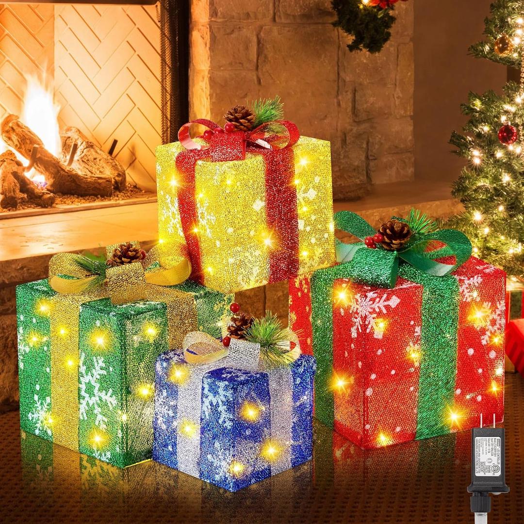 Set of 4 Christmas Lighted Gift Boxes with Plug, Pre-lit LED Light Up Present Boxes for Xmas Tree Porch Decor, Christmas Decorations Indoor Outdoor