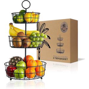 REGAL TRUNK & CO. 3 Tier Fruit Basket, Elegant French Country Wire Baskets, Three Tiered Wire Basket Stand for Vegetables, Bread & More for Countertop or Hanging, Christmas or Birthday Present