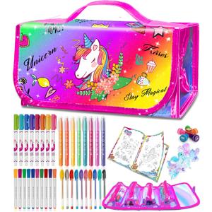 weirtoya 56 PCS Washable Scented Markers with Glitter Pencil Case, Mermaid Unicorn Arts and Crafts for kids 4-6-8 Kids Coloring Drawing Kits for 4-8 Years Old Girls Xmas Gifts Stocking Stuffers
