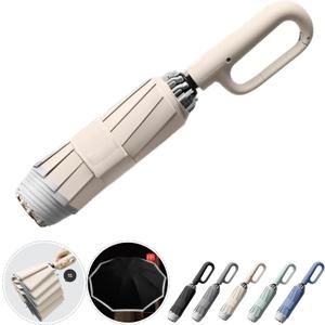 Ring Buckle Fully Automatic Umbrella, Reflective Safety Strip, Sturdy Windproof, Reverse Automatic, Travel Portable, Compact Folding (Beige)