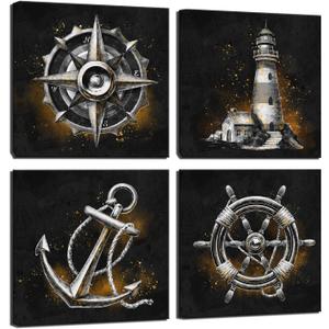 LevvArts Nautical Wall Art Canvas Lighthouse Anchor Compass Paintings Poster Modern Black and Gold Decor Pictures Ready to Hang