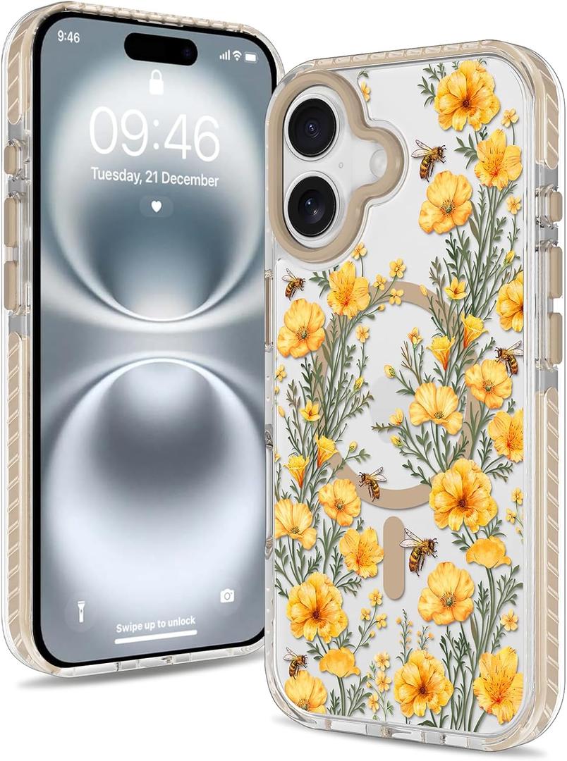 Magnetic for iPhone 16 Case [Compatible with MagSafe] Clear Floral Flower Bee Pattern Design, Slim Shockproof Protective Phone Cover for Women Girls