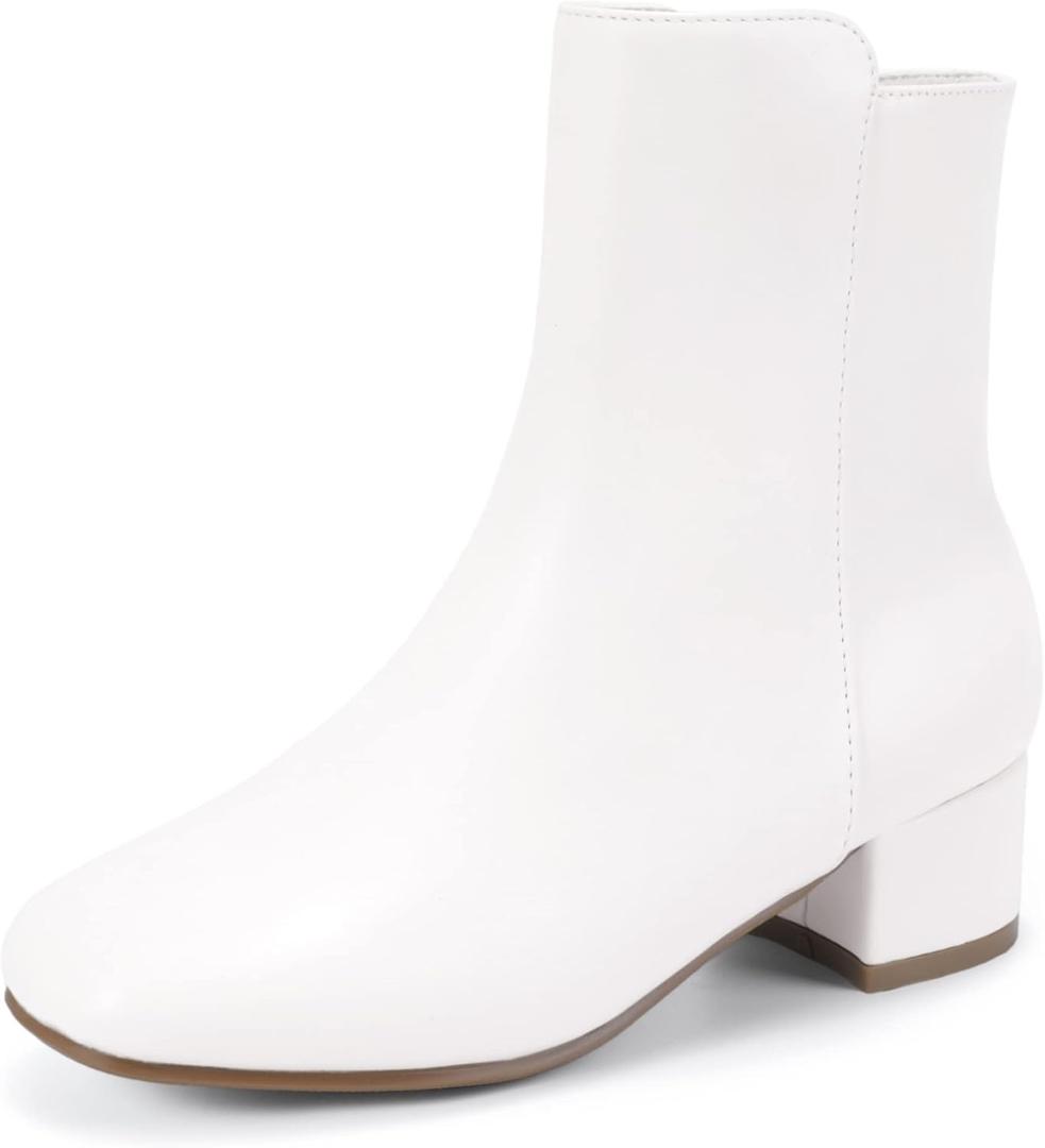 PANDANINJIA Alyssa Girls Fashion Boots Square-Toe Dress Boots Low Heel Ankle Booties with Zipper for Toddler Little Kids Big Kids (White Pu, 4 M US Big Kid)
