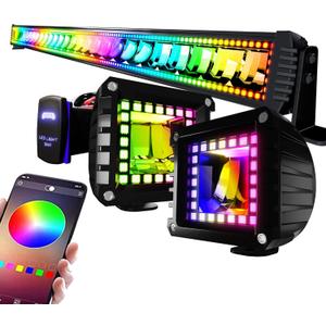 52" RGB LED Light Bar 2Pcs 4" Flood LED Pods with Multi-Color Chasing RGB Halo 16 Solid Colors Over 92 Flashing Modes Offroad Lights Driving Lamp Fog Lights with Switch Wiring Harness