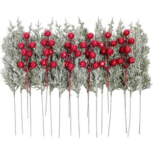 Artificial Pine Branches Red Berry Stems Fake Christmas Greenery Pine Picks for Tree Wreath DIY Home Garden Decor (Red, 40Pcs)