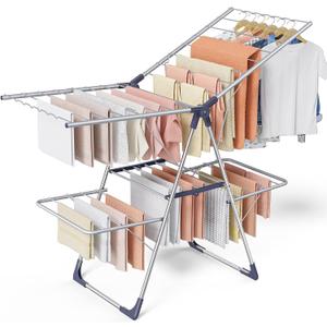 Sakugi Clothes Drying Rack, Foldable 2-Level Laundry Drying Rack with Height-Adjustable Wings, for Clothing & Bedding, Free-Standing Space-Saving Rack, Indoor & Outdoor, 55.5"L 22.8"W, Silver Blue, Large