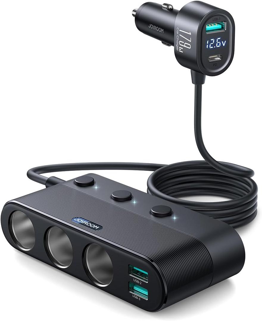 Joyroom 7 in 1 Cigarette Lighter Adapter, 179W Car Charger Adapter with PD30W Charge(3.3FT Cable), 24V/ 12V Cigarette Lighter Splitter with Independent Switches & LED Voltage Display