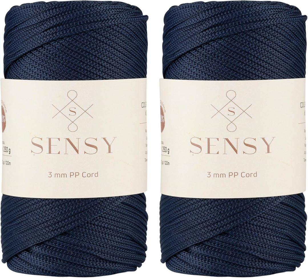 Sensy Premium 3mm 131 Yards Polyester Rope 100% Polypropylene Cord Macrame Cord 3mm Crochet Bag Cord Macrame Rope Crochet Thread Gift for Knitter (Navy Blue) (2 Skeins)
