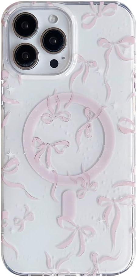 Designed for iPhone 14 Pro Magnetic Case, Cute Pink Bow Painted for Women Girls, Soft TPU Edge PC Back Protective Shockproof Phone Case