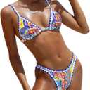 BIKINX Womens Swimsuits Sexy Thong Micro Bikini Ditsy Floral Two Piece Sets Bathing Suit Color Block Bandeau Swim Top (4-6, 2pcs Triangle Blue8)