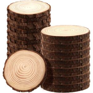 JAPCHET 30 Pack 5-5.5 Inch Natural Wood Slices, 0.4 in Thick Wooden Circle with Bark, Unfinished Wood Log Discs for Christmas and Wedding Decorations
