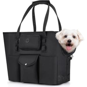 SlowTon Dog Purse Carrier - Portable Dog Carrier with Pockets & Safety Leash for Small Dogs Under 12 lbs, Breathable Pet Tote Bag for Cat Rabbit Outing, Travel, Vet (Black)