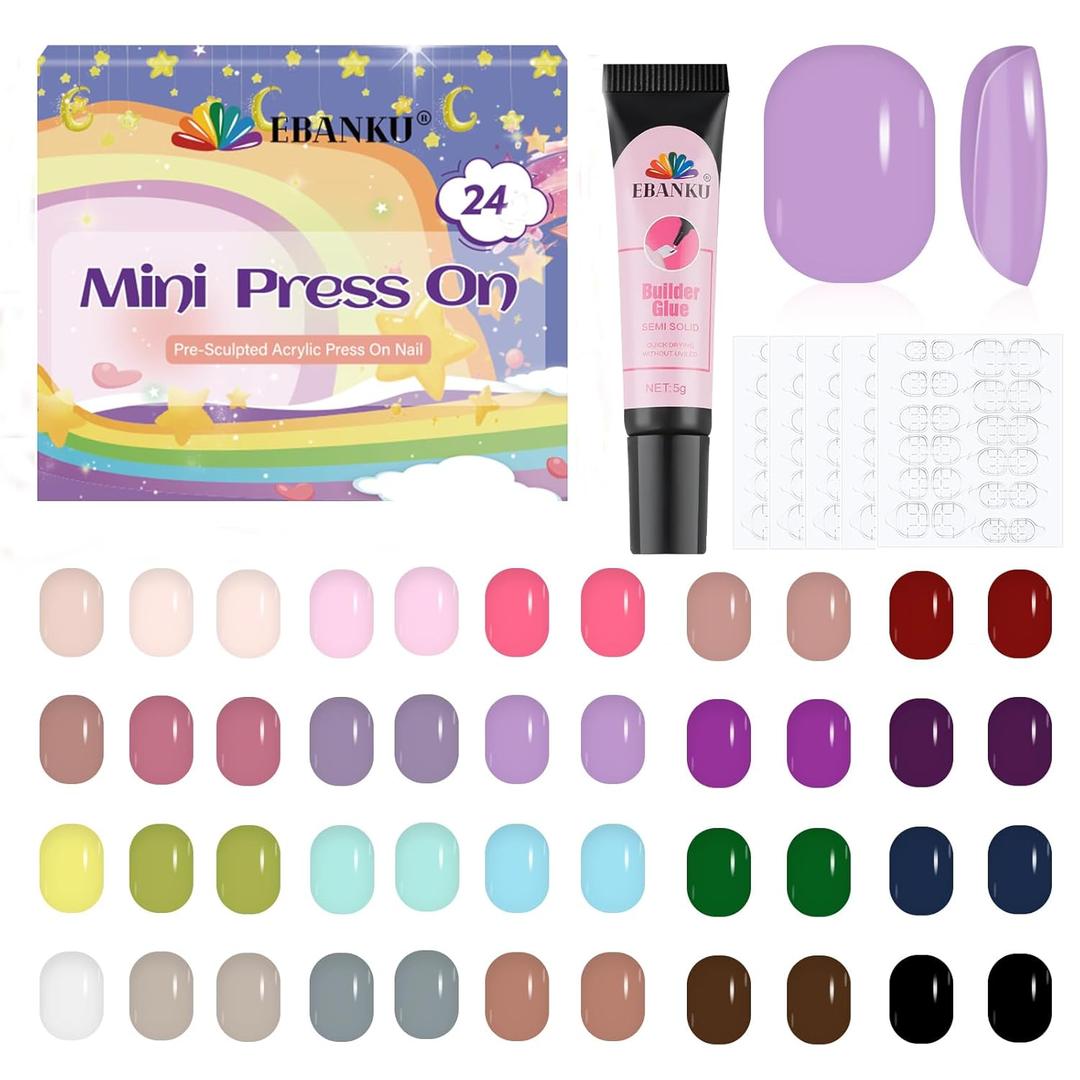 576 Pieces Kids Short Glossy Press on Nails, EBANKU Children False Nails 24 Colors Glossy Acrylic Nails Art Tip for Kids Short Full Cover Fake Nails for Women Girls