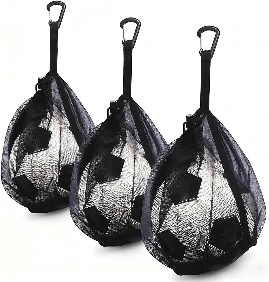 2Pcs Single Mesh Ball Bag for Basketball Soccer & Volleyball, Lightweight Net Storage with Zipper Pocket for Sports, Portable Drawstring Bags with Hanging Clip for Men, Women & Athletes, Black