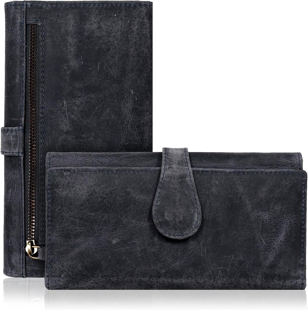 Real Leather Women Wallet Leather with RFID Blocking - Designer Trifold Card Holder Ladies Clutch with ID Window Wallets (Blue)