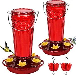 2 Pack Glass Hummingbird feeders for Outdoors 14Ounces，5 Feeding Ports Hummingbird Feeder,Wide Mouth for Easy Filling/Cleaning，Hanging for Garden Backyard Decor, Includes Ant Moat (Red，2Pack)