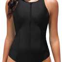 Tempt Me Women Athletic One Piece Swimsuit Zipper High Neck Bathing Suit Racerback Swimwear (XX-Large, Black)