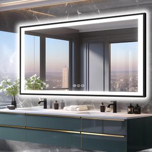 72x40 Large LED Bathroom Mirror with Lights - Black Aluminum Rimmed (Front and Backlit), Fogless Mirror with Lights, Stepless Dimmable Lighted Mirror, 3 Colors Smart Mirror (Horizontal/Vertical)