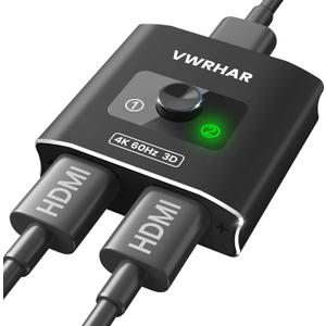 HDMI Switch Splitter 4K@60hz, Aluminum HDMI 2.0 Switcher 2 in 1 Out, HDMI Splitter 1 in 2 Out, Bi-Directional Switch Support 4K 3D HDR for Xbox PS5/4/3 Blu-Ray Player Fire Stick Roku HDTV (Black)