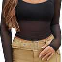 Avidlove Women's Sheer Mesh Long Sleeve Crop Top y2k Sexy Tee Blouse Cutout Clubwear with Thumb Holes (Medium, Black)