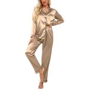 Ekouaer Women's Classic Button Down Long Satin Silk Pajama Set (Small, Khaki)
