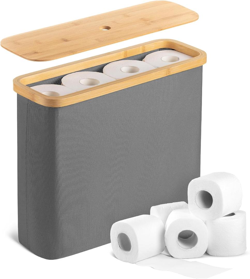 BAMBOO LAND- Toilet Paper Storage with Bamboo Lid for 12 Rolls, Gray, Waterproof Bamboo Toilet Paper Holder Basket