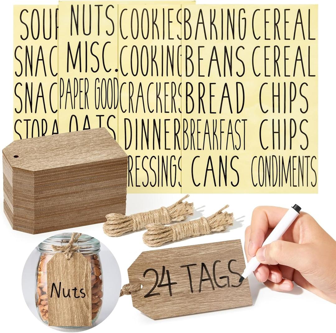 24 Pack Natural Wooden Hanging Tags 4.33x2.5 Inches - Includes 40 Black Preprinted Labels, & String - Hanging Labels for Kitchen and Pantry Storage Organization