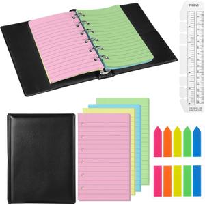 Feifeiya Mini 6 Ring Binder and 3 x 5 Inch Refill Paper Set,1 Black Refillable Binder,100 Lined Loose Leaf Paper, 1 Translucent Bookmark Ruler, 200 of Colorful Index Sticky Tabs for Office (Colorful) (White)