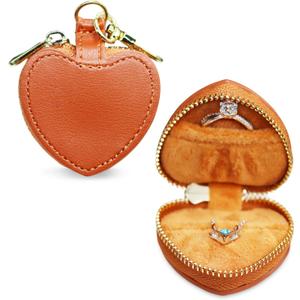Jewelry Ring Holder Box, Portable Gym Jewelry Storage Box Case, Heart-ShapedSmall Travel Ring Earring Stud Necklace Storage Case (Brown)