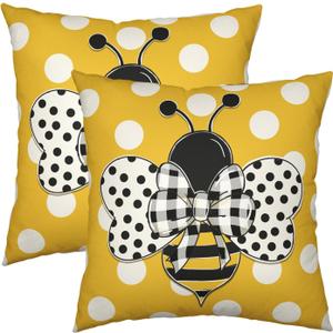 Summer Bee Pillow Covers 18x18 Set of 2 Bumblebee Polka Dots Spring Outdoor Throw Pillows Yellow Honey Bee Farmhouse Decorative Cushion Cover for Sofa Chair Patio Bed Couch