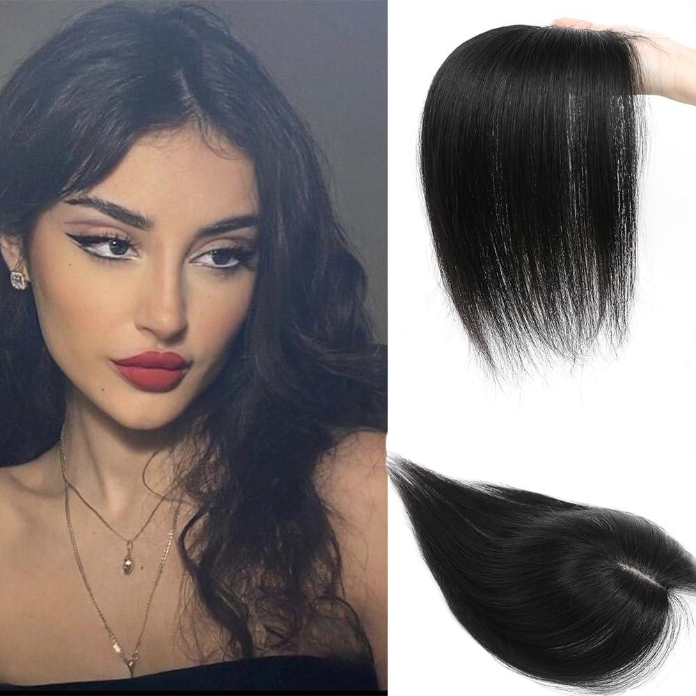 Hair Toppers for Women Real Human Hair 3603D Cover Topper for Women with Thinning Crown Wispy Clip in Bangs Realistic Scalp Line Hair Pieces (Black, Side Bangs)