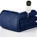 Homemate Electric Heated Blanket Twin Size - 62"x84" Heating Blanket Twin Size 1/2/4/6/8 Hours Auto-Off 10 Heat Level Over-Heat Protection Soft Flannel Sherpa ETL Certification Blue Striped