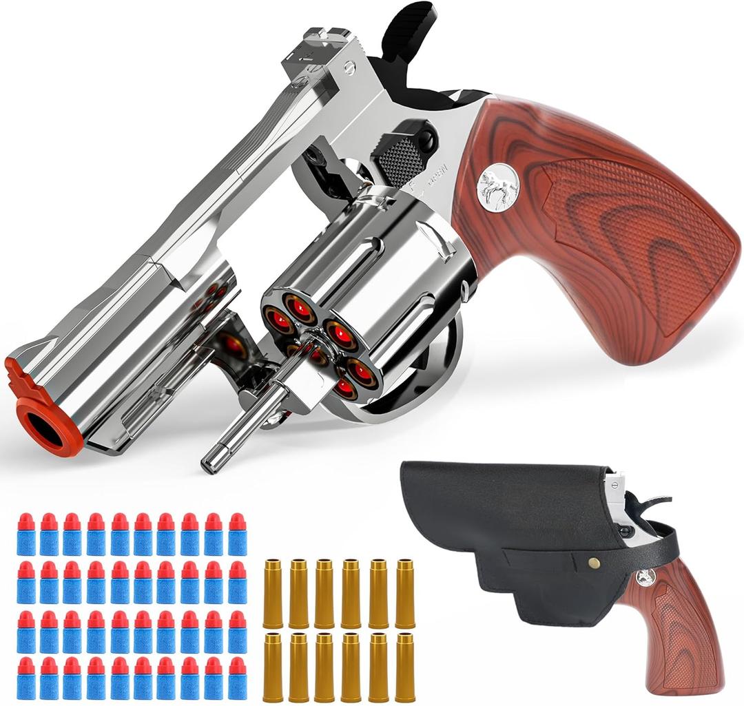 Revolver Toy Gun & Holster Set - EVA Foam Soft Bullets Play Sniper Pistol Cap Gun Western Cowboy Toys Gift Boys Small Hand Guns Rifle Blaster Kids Age 6 7 8 9 10 11 12 Silver&Realistic Wood Pattern