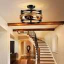 WUZUPS 3-Light Metal Drum Chandelier Imitation Wood Grain Shade Round Semi Flushmount Ceiling Lighting Rustic Farmhouse Fixture Foyer Entry Kitchen, H 9.4" x W13.8, E26 Base, Black