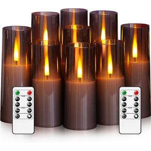 Flameless LED Candles, Upgraded Realistic 9 Pcs Flickering Flame Pillar Candles, Battery Operated Candles with Remote Timer, for Romantic Ambiance and Home Decoration (Grey)