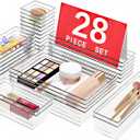DCA 28 PCS Clear Plastic Drawer Organizers Set, 4-Size Versatile Bathroom and Vanity Drawer Organizer Trays, Storage Bins for Makeup, Bedroom, Kitchen Gadgets Utensils and Office