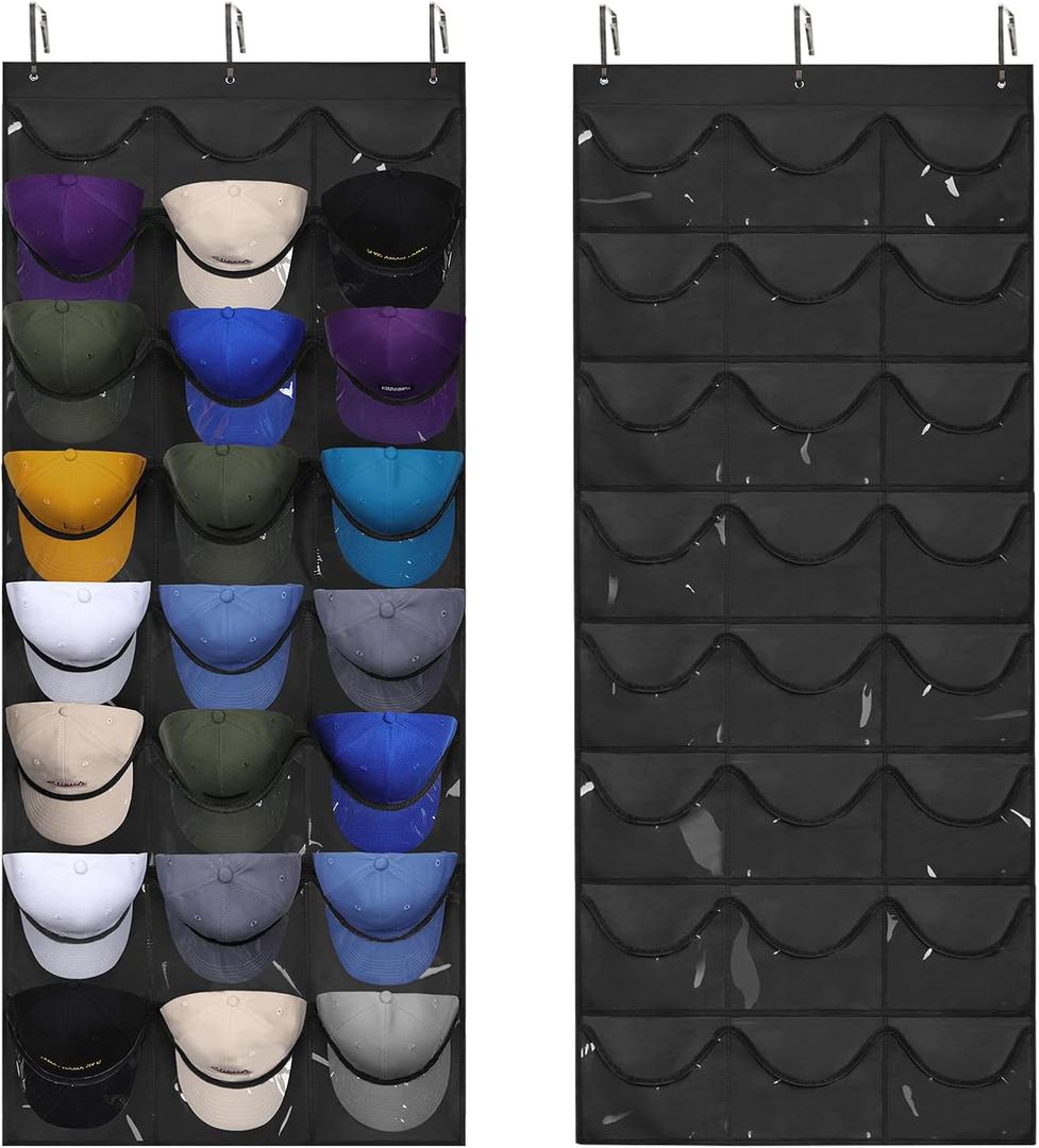 Dofilachy Hat Organizer Racks for Baseball Caps, Visible Hat Holder Rack for Wall Door with 3 Hooks, 24 Deep Pockets